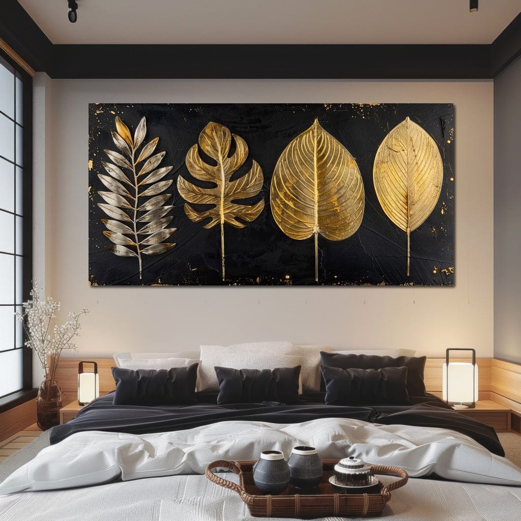 Golden Leaves on Black Background Canvas Wall Art