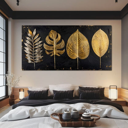 Golden Leaves on Black Background Canvas Wall Art