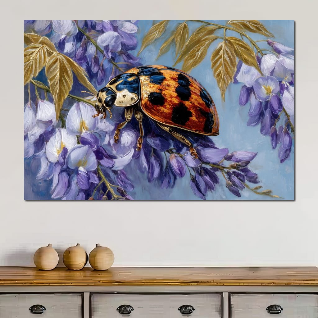 Ladybug On Wisteria Bloom Canvas Wall Art