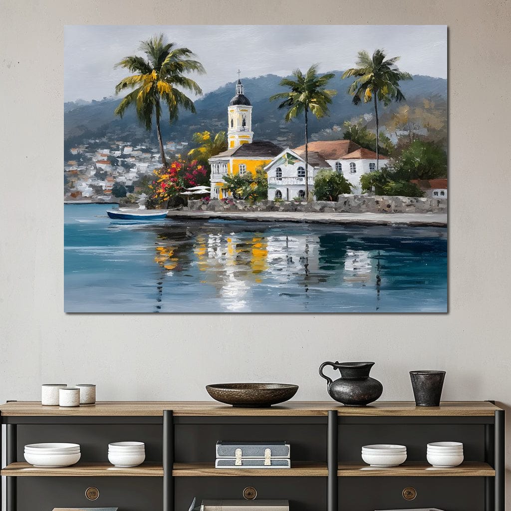 Tropical Harbor Church View Canvas Wall Art