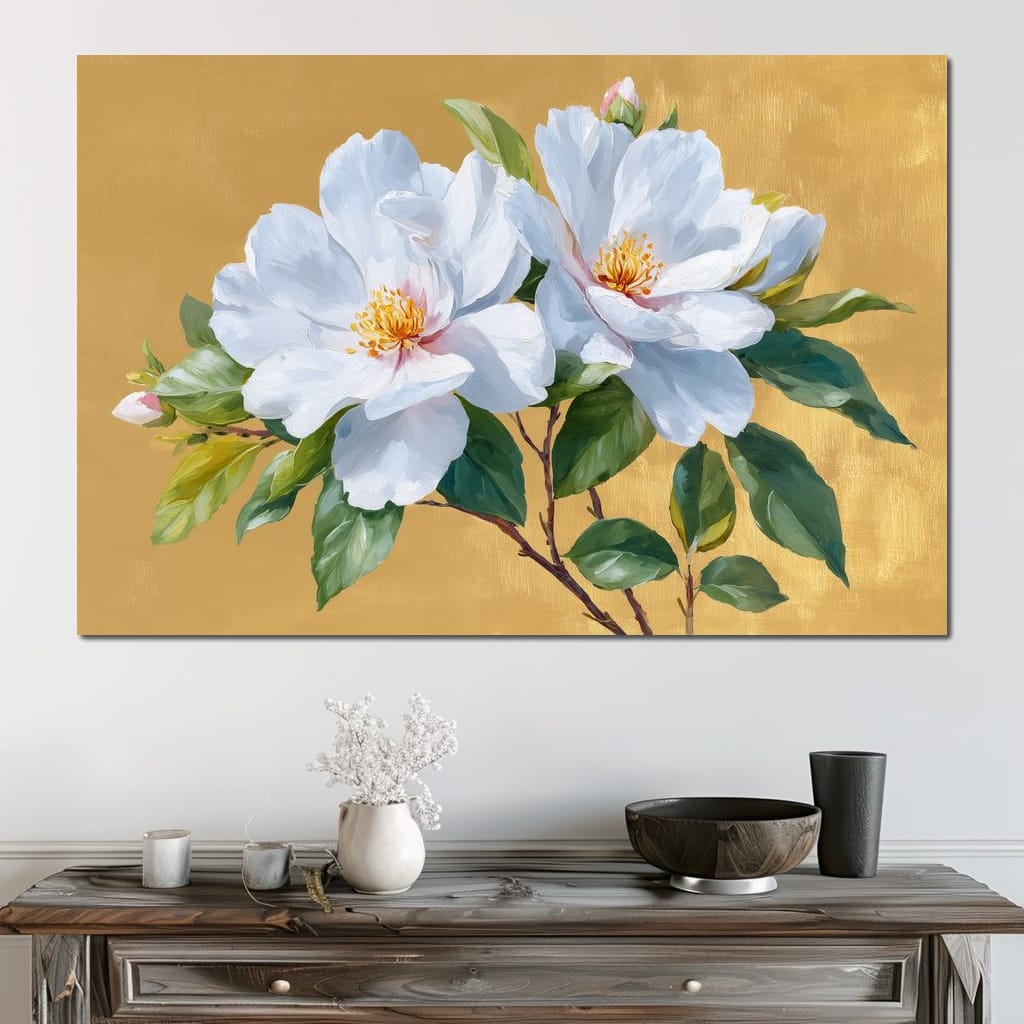 Golden Gardenia Duet Blooming Canvas Wall Art