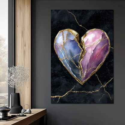 Kintsugi Split Heart Gold Canvas Wall Art