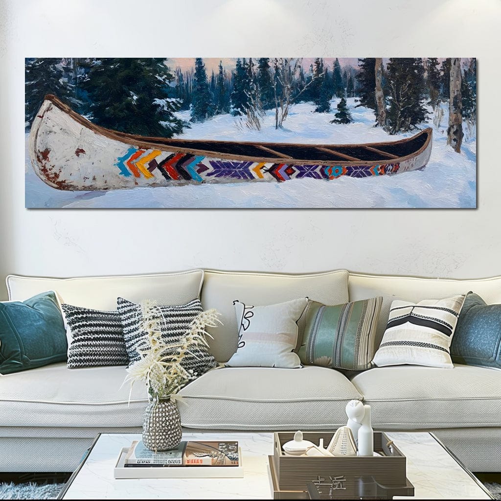 Painted Canoe Among Winter Pines Canvas Wall Art