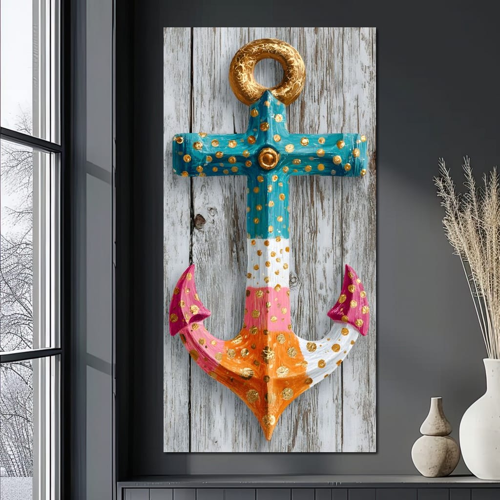 Golden Dotted Nautical Anchor Canvas Wall Art