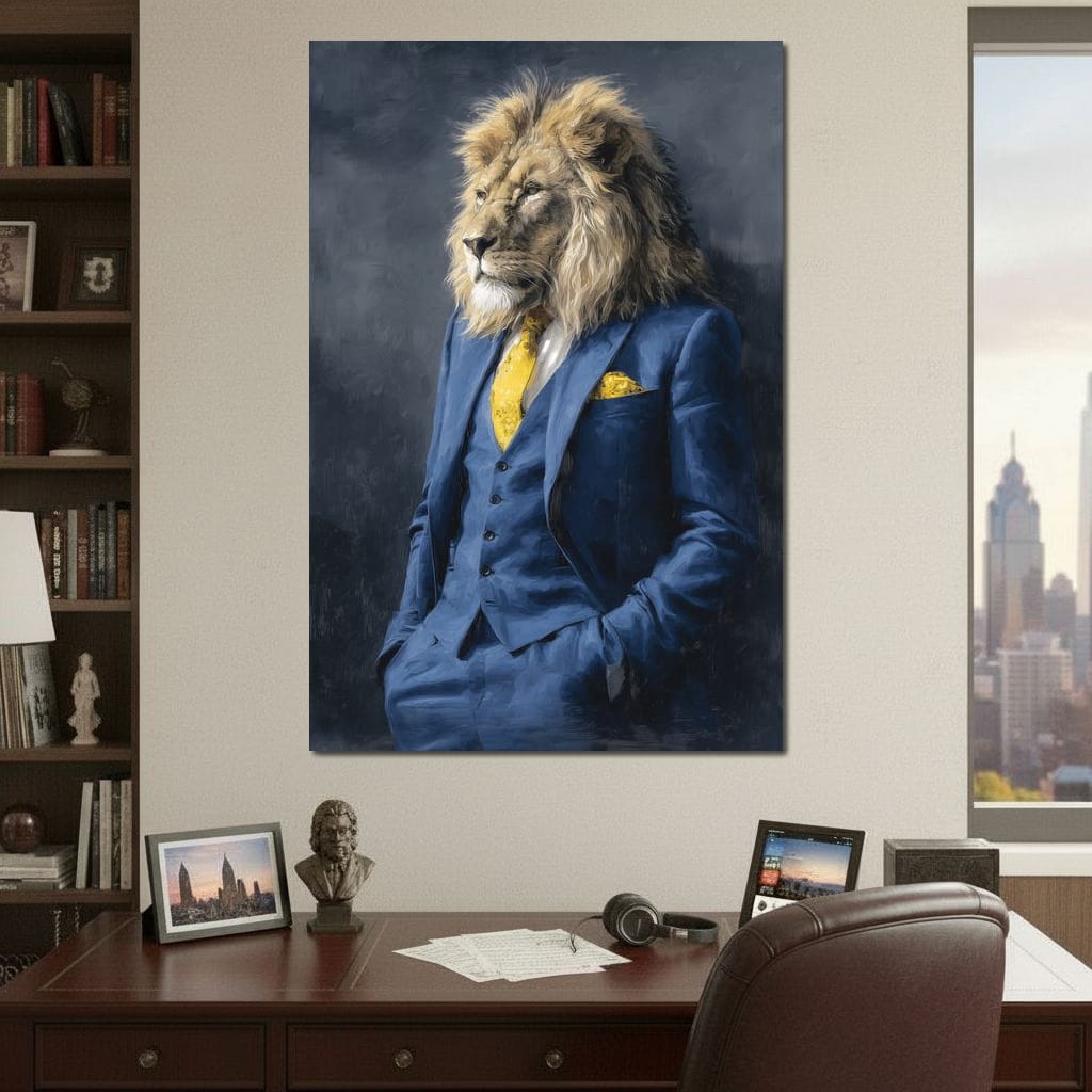 Regal Lion Portrait Blue Suit Canvas Wall Art