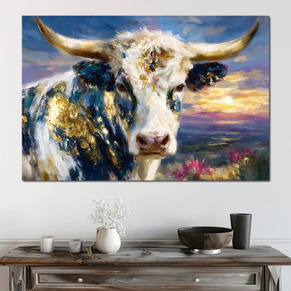 Golden Highland Cow Sunset Canvas Wall Art