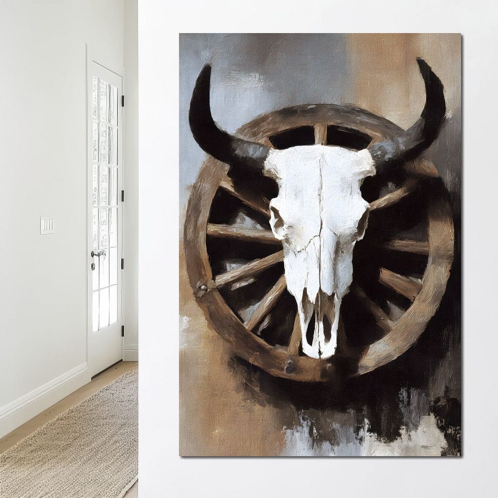 Western Bull Skull Wagon Wheel Canvas Wall Art