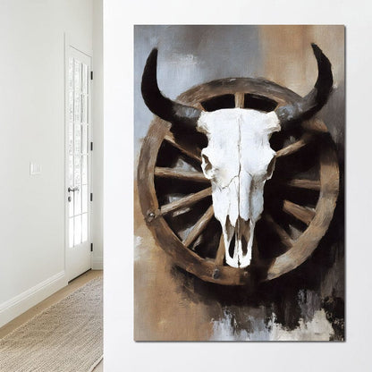 Western Bull Skull Wagon Wheel Canvas Wall Art