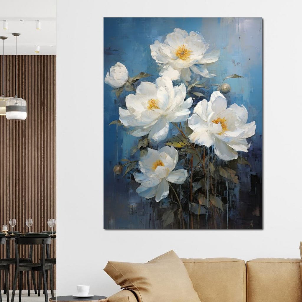 White Peonies on Light Blue Background Canvas Wall Art
