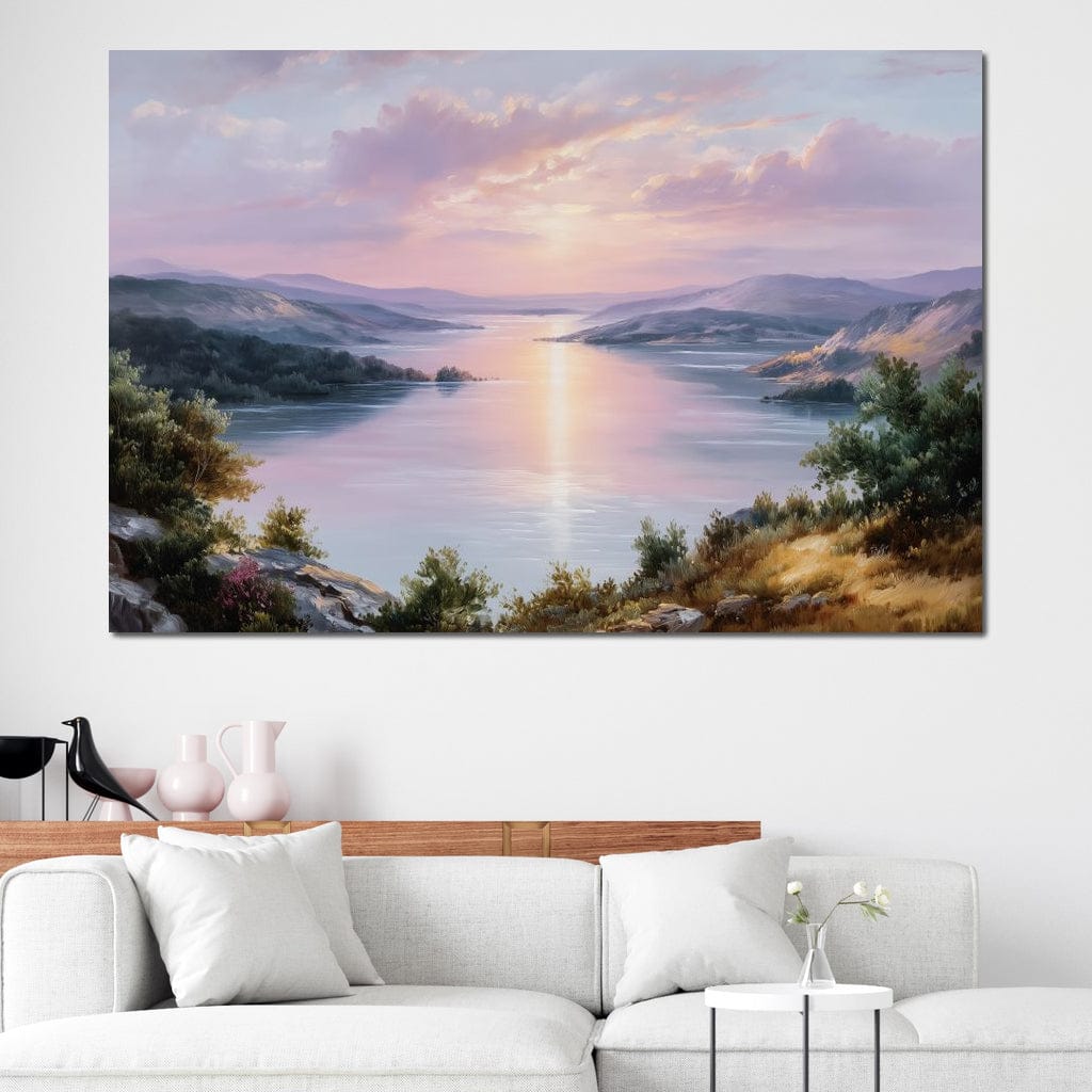 Pastel Sunrise Over Lake Fjord Canvas Wall Art
