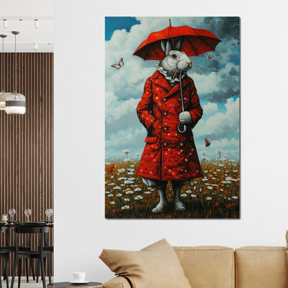 The Rabbit and the Red Umbrella Canvas Wall Art