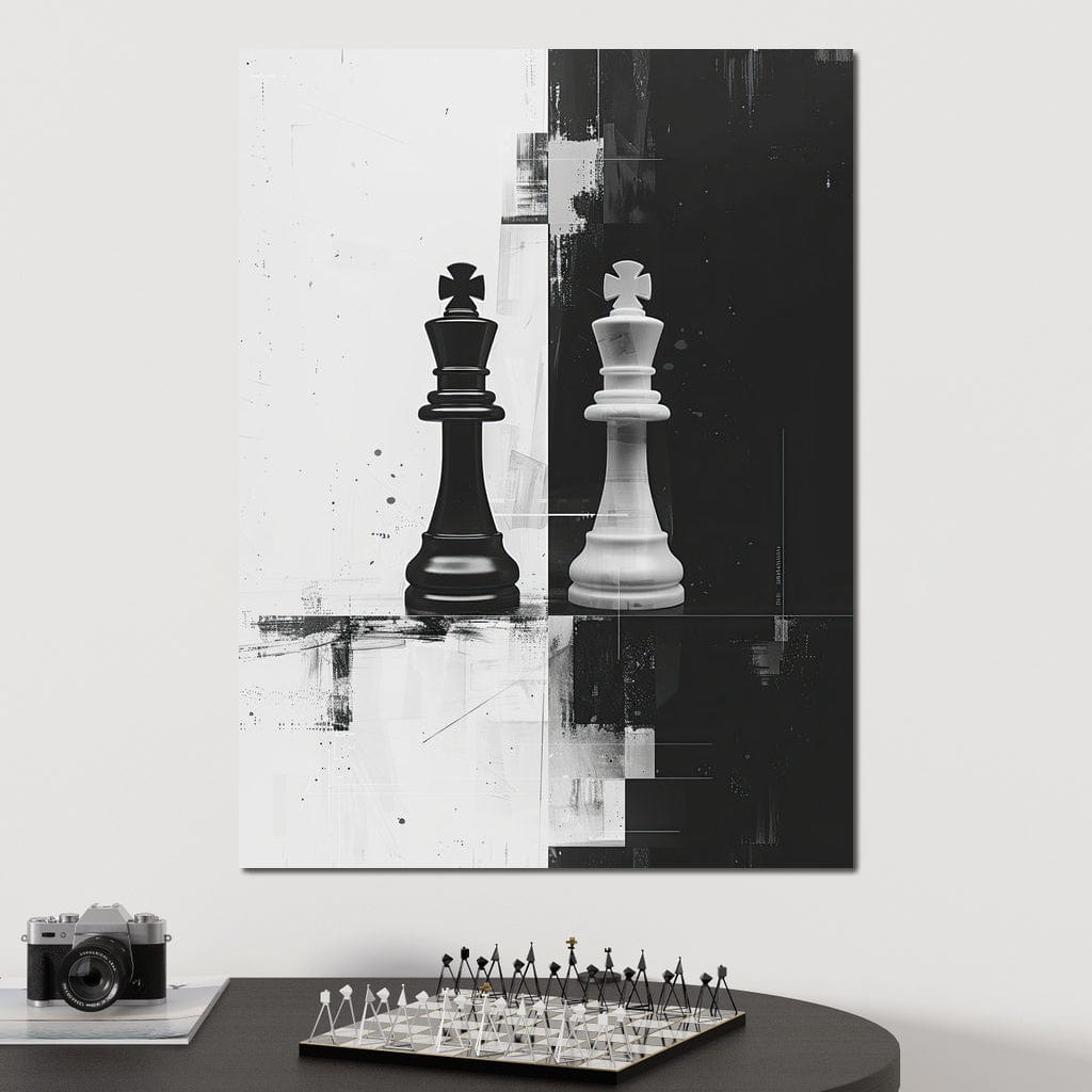 Strategic Chess Duel in Monochrome Canvas Wall Art