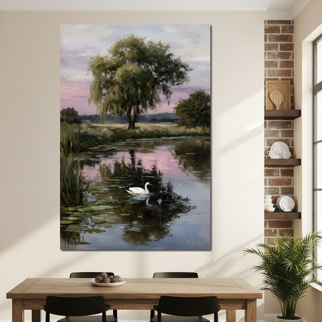 Swan Pond Willow Sunset Sky Canvas Wall Art