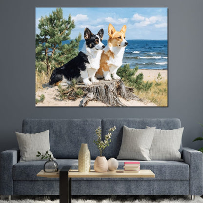 Coastal Corgi Pair Lookout Canvas Wall Art