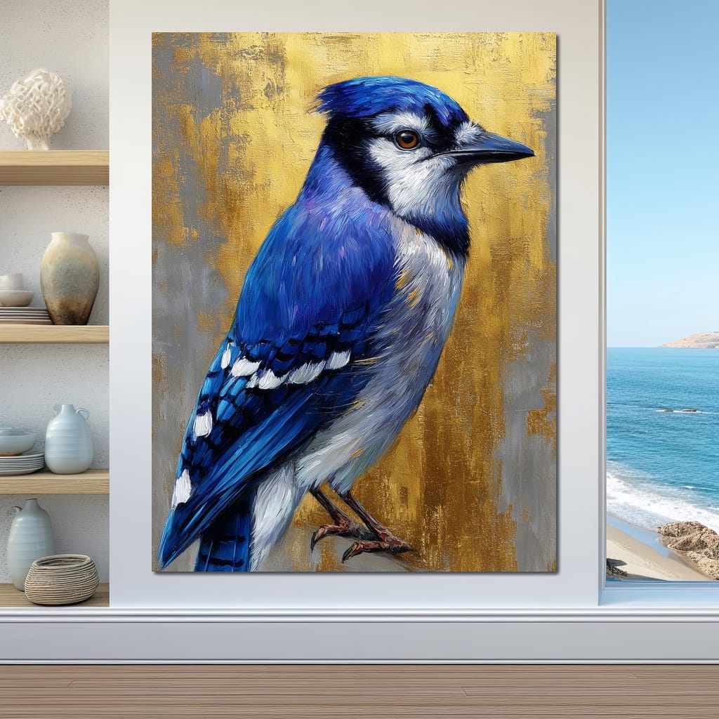 Golden Blue Jay Portrait Canvas Wall Art