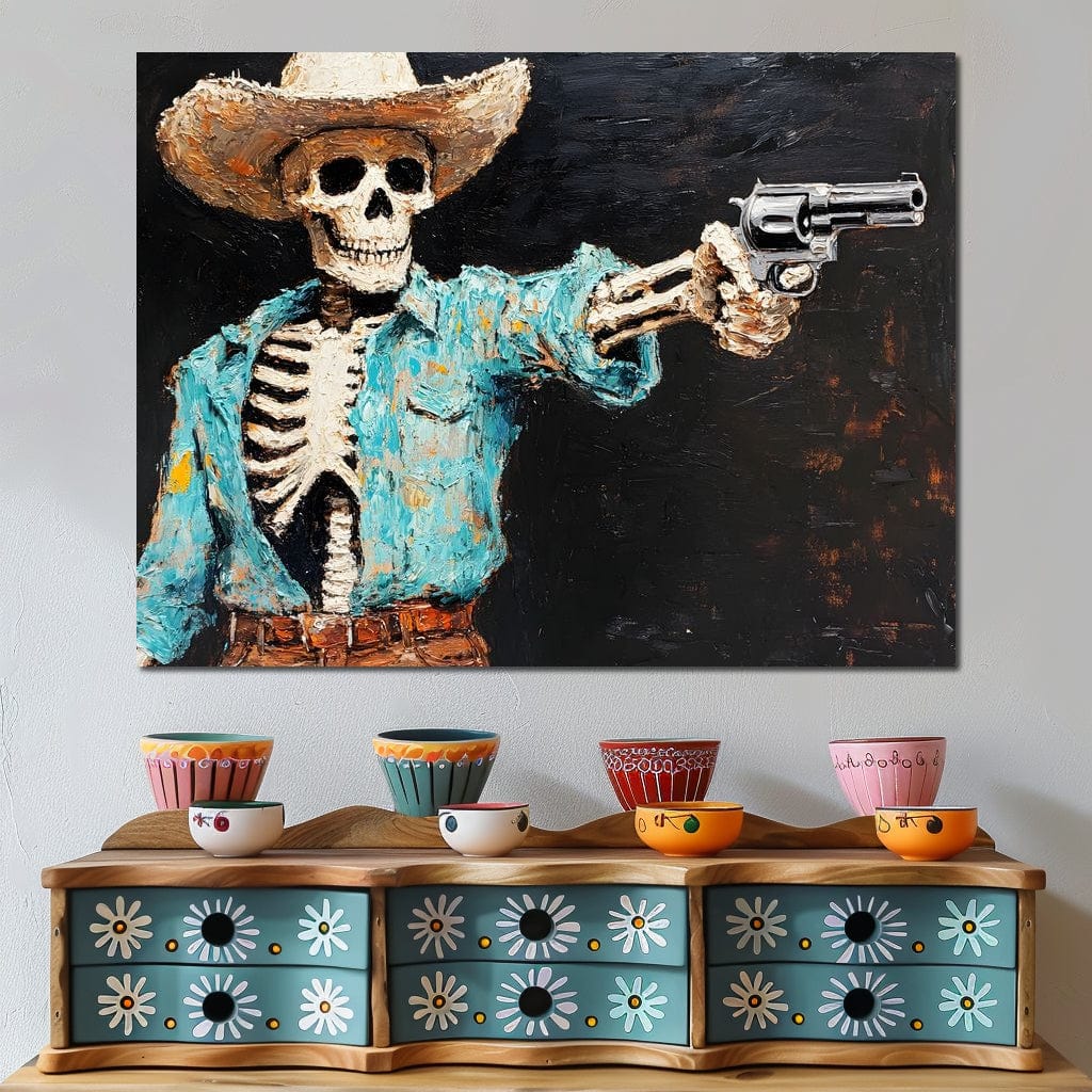 Cowboy Skeleton in Denim Canvas Wall Art