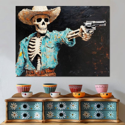 Cowboy Skeleton in Denim Canvas Wall Art