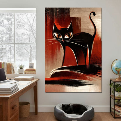 Mid Century Black Cat Stare Canvas Wall Art