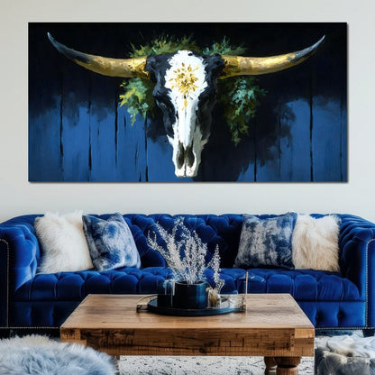 Golden Longhorn Skull Rustic Canvas Wall Art