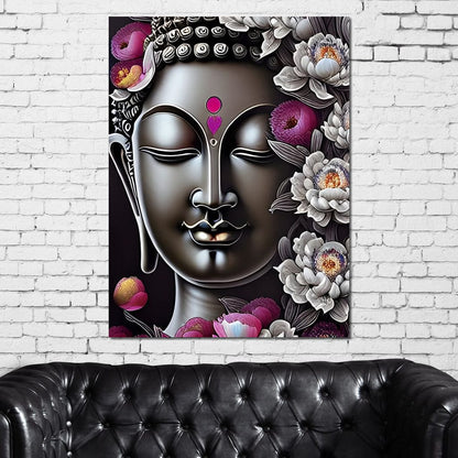 Buddha & Flowers Grey Canvas Wall Art