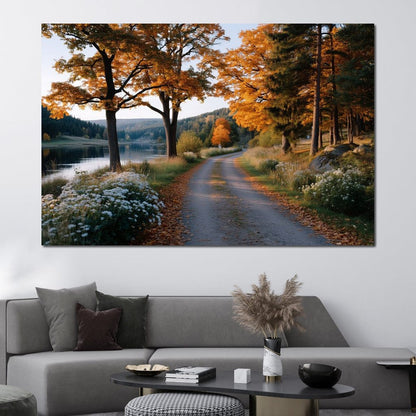 Autumn Lake Pathway Glow Canvas Wall Art