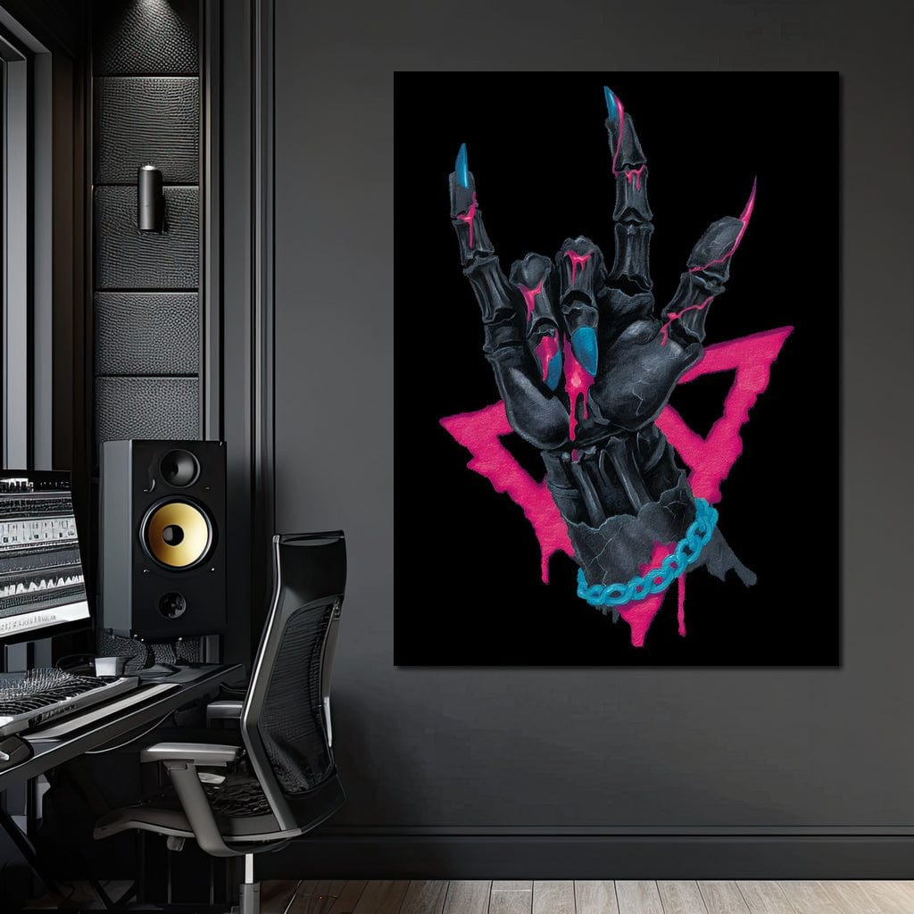 Neon Skeleton Rock Hand Sign Canvas Wall Art