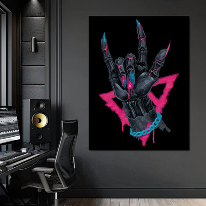 Neon Skeleton Rock Hand Sign Canvas Wall Art