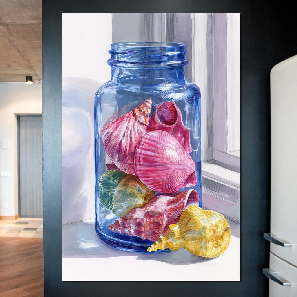 Seashells Jar Sunlit Window Canvas Wall Art
