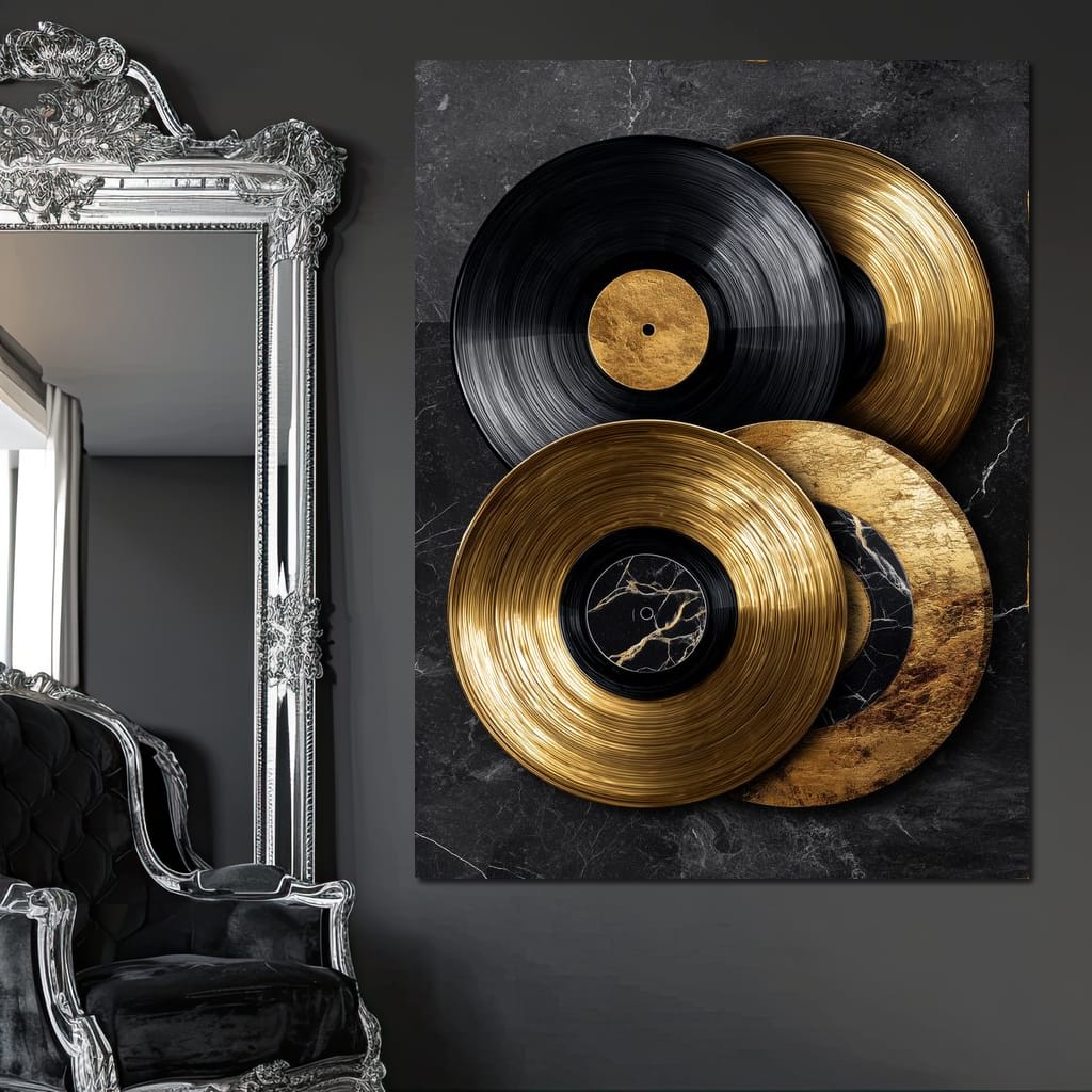 Gold Vinyl Records Noir Marble Canvas Wall Art