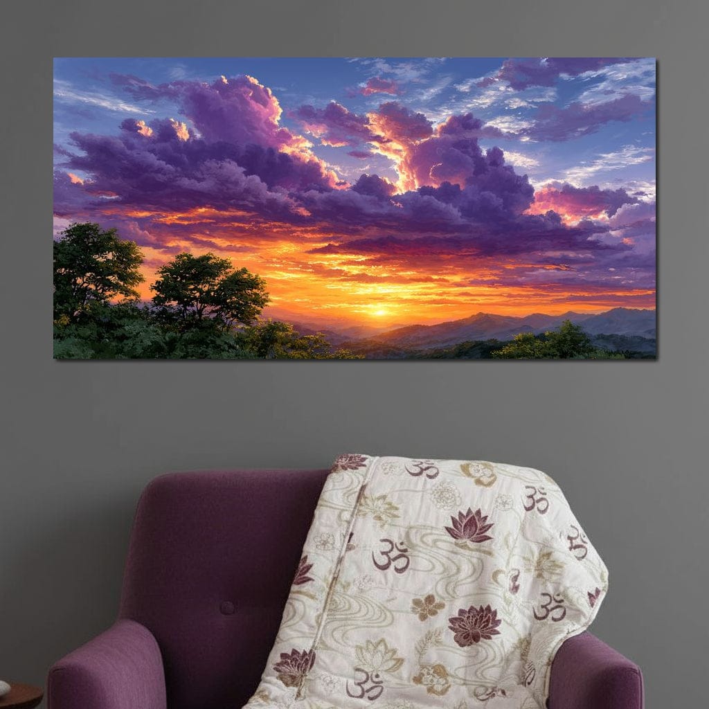Golden Mountain Sunset Clouds Sky Canvas Wall Art