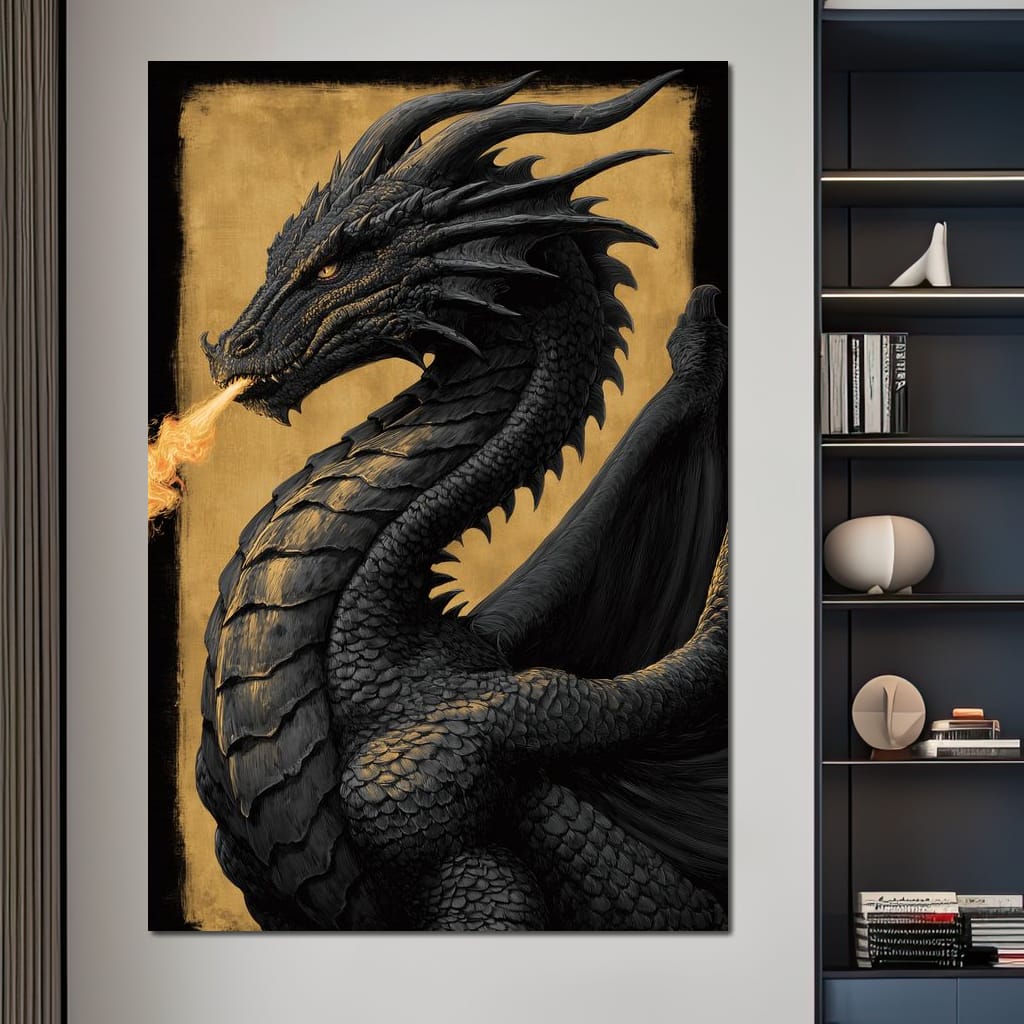 Golden Firebreath Dragon King Canvas Wall Art