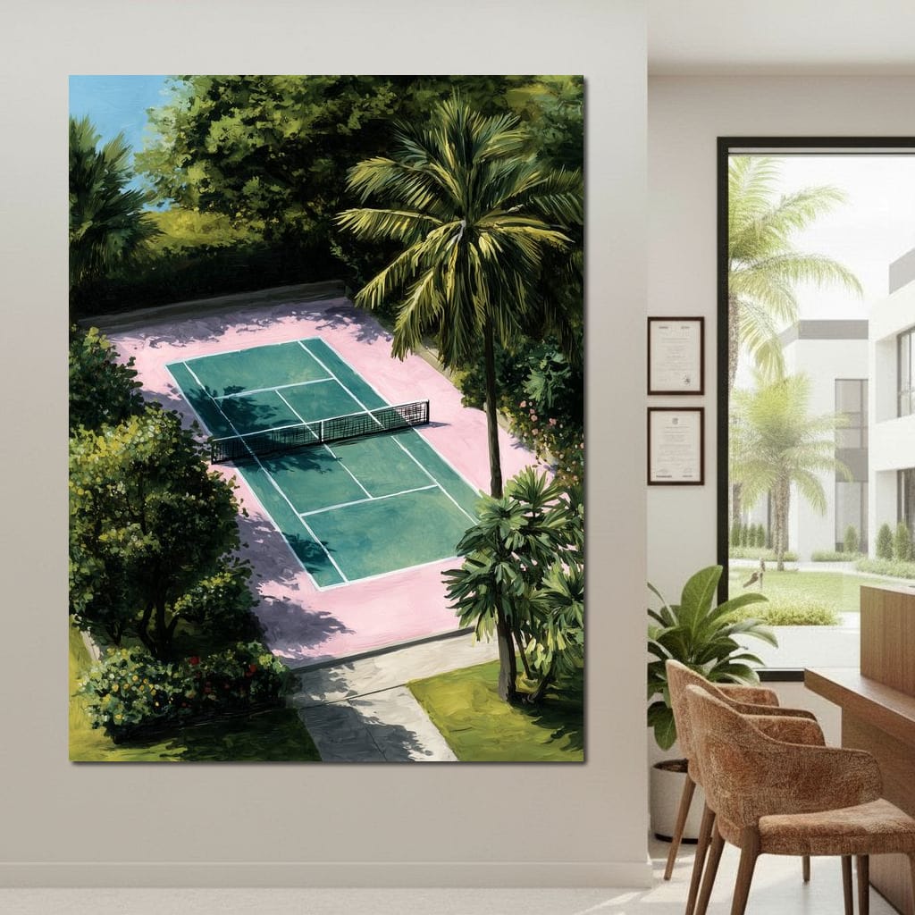 Palm Court Tennis Retreat Scene Canvas Wall Art