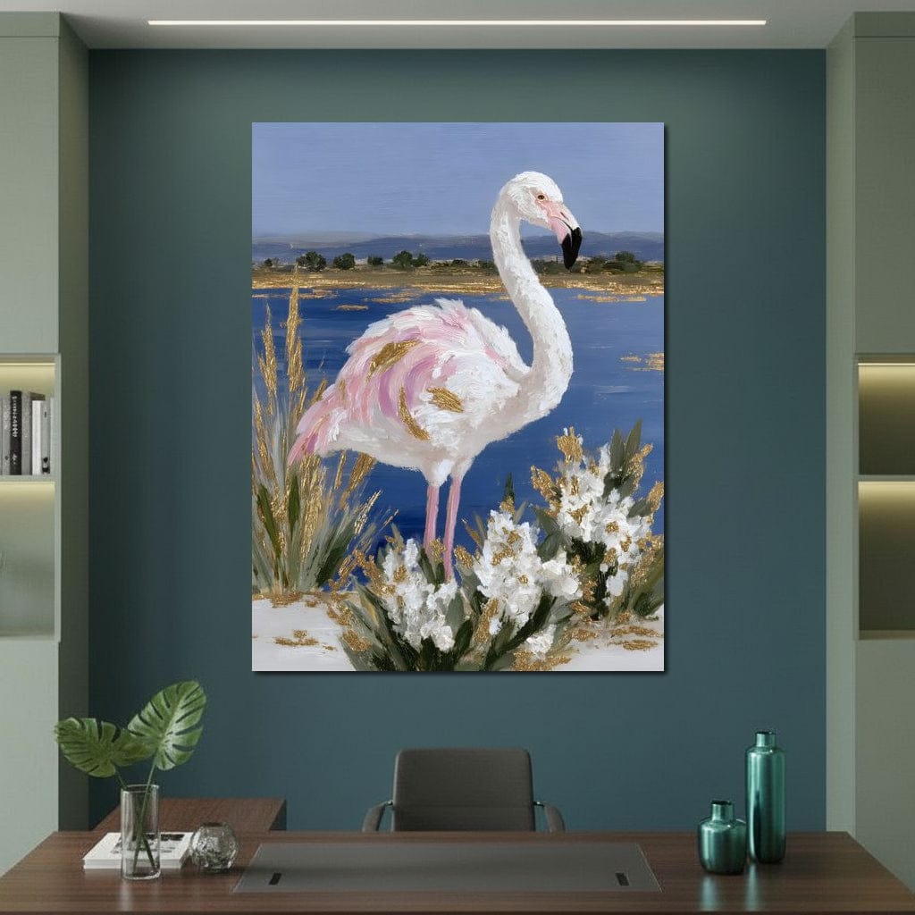 Coastal Flamingo Gold Glint Canvas Wall Art
