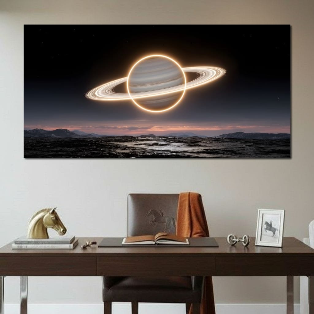 Luminous Saturn Over Alien Sea Canvas Wall Art