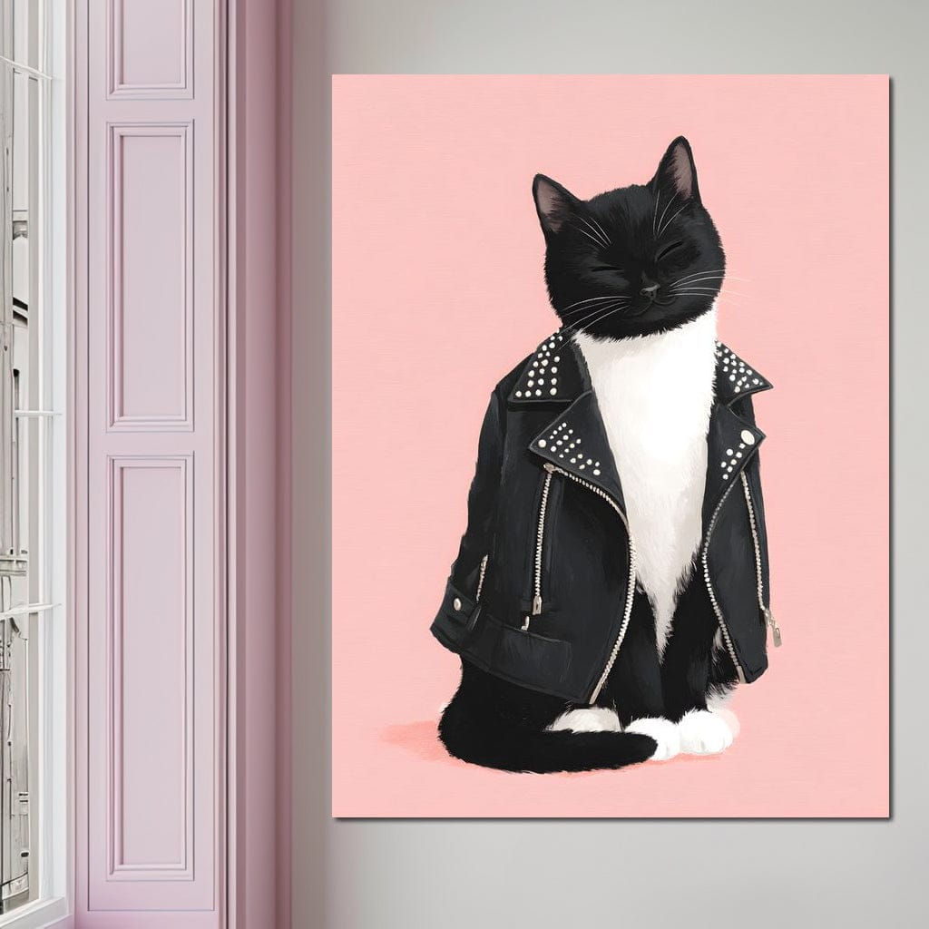 Biker Cat Attitude On Soft Pink Canvas Wall Art