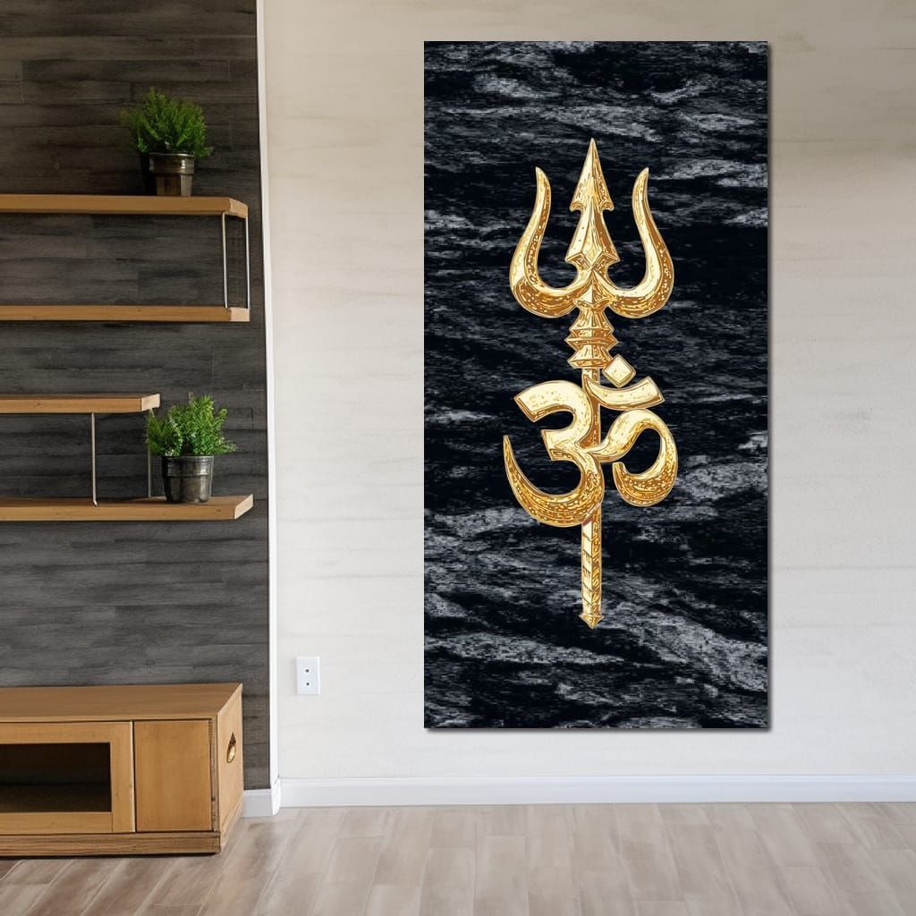 Golden Om Trishul Emblem Canvas Wall Art