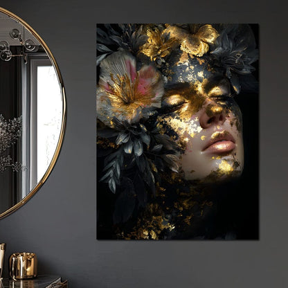 Golden Reverie Floral Visage Canvas Wall Art