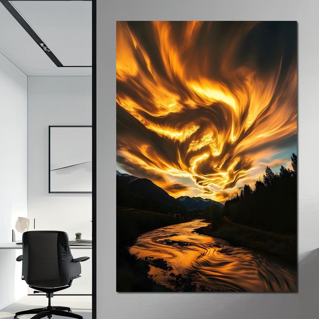 Golden Skies Over River Glow Canvas Wall Art