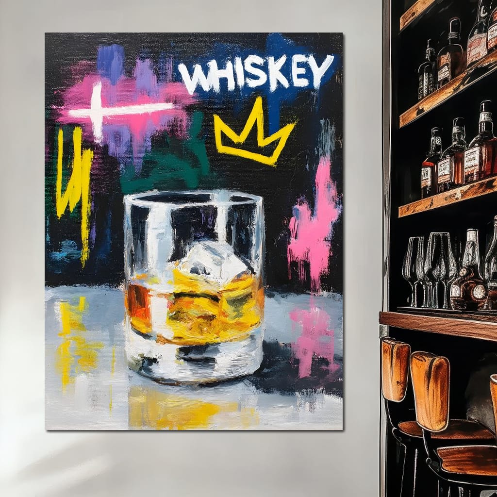Whiskey Crown Rocks Glass Neon Canvas Wall Art