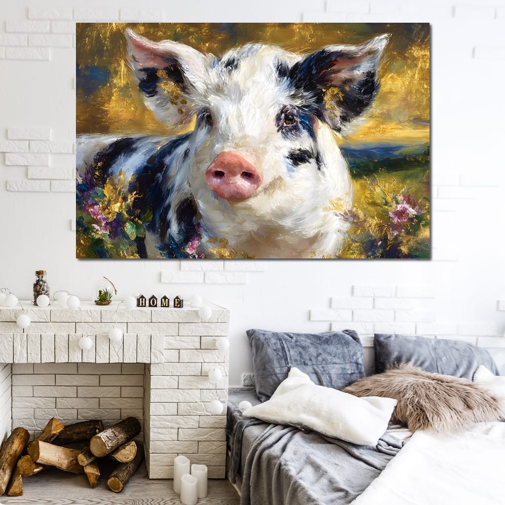 Golden Meadow Piglet Portrait Canvas Wall Art