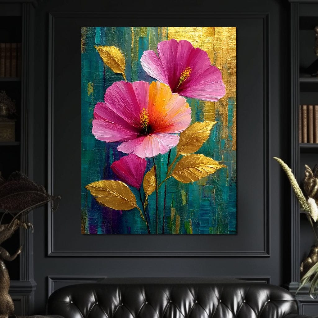 Teal Garden Golden Petals Flourish Canvas Wall Art
