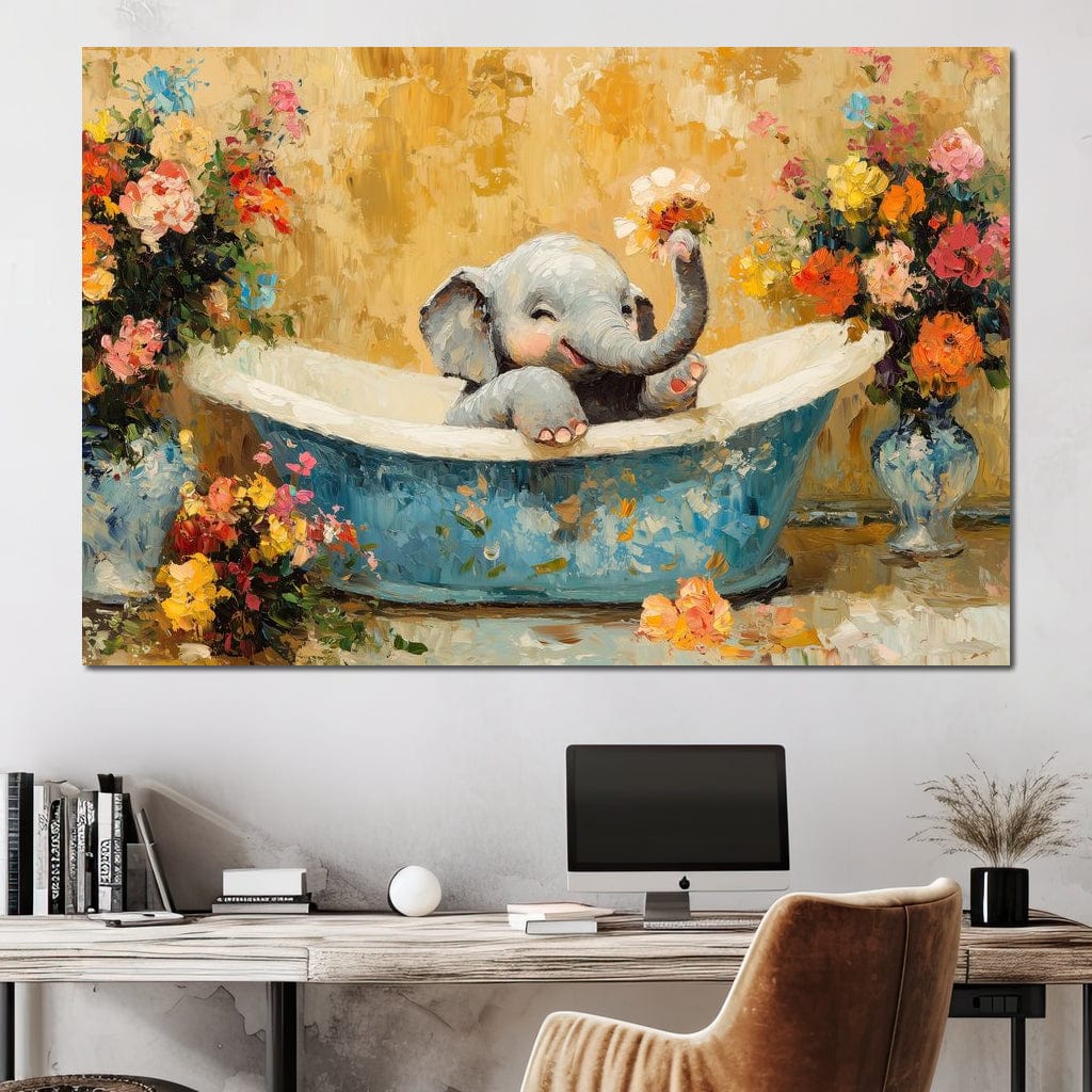 Elephant Joy in Floral Bath Canvas Wall Art