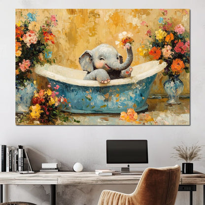 Elephant Joy in Floral Bath Canvas Wall Art