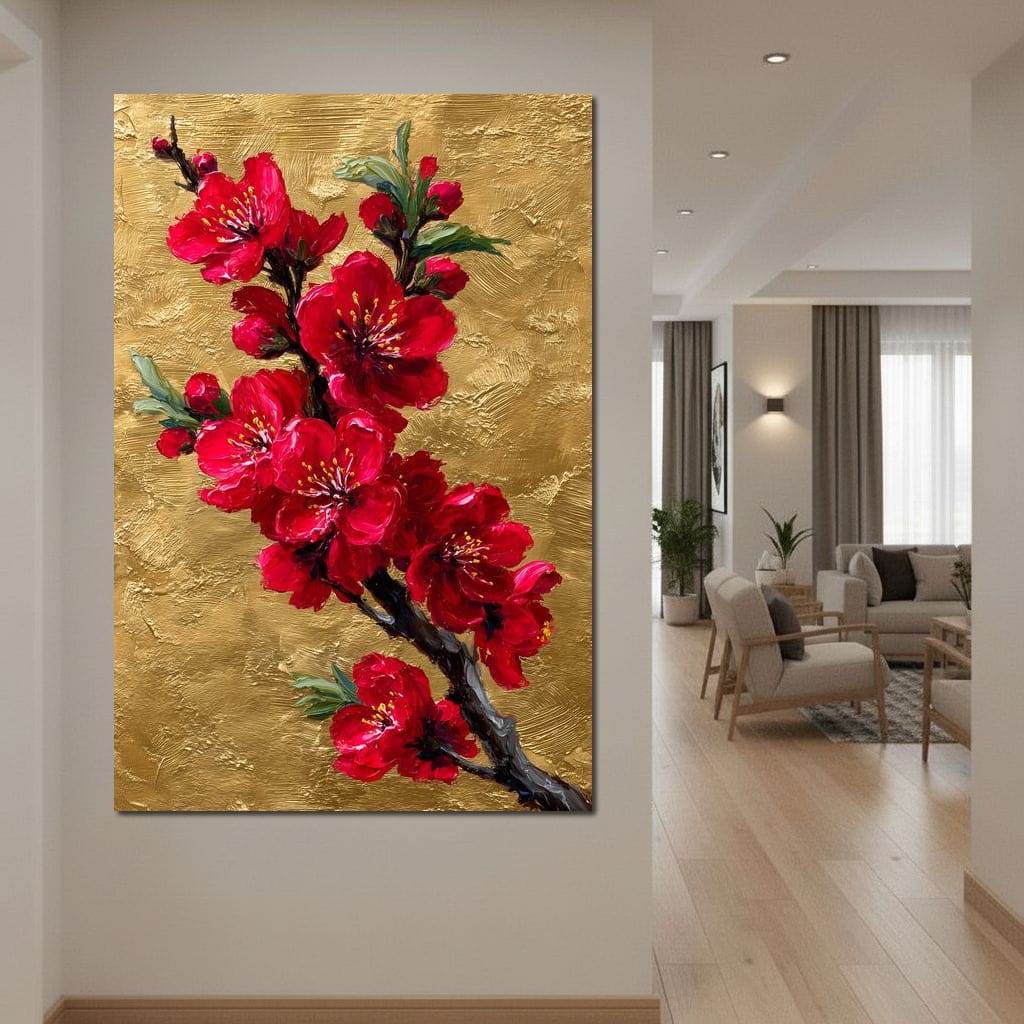 Golden Sakura Blossom Branch Canvas Wall Art