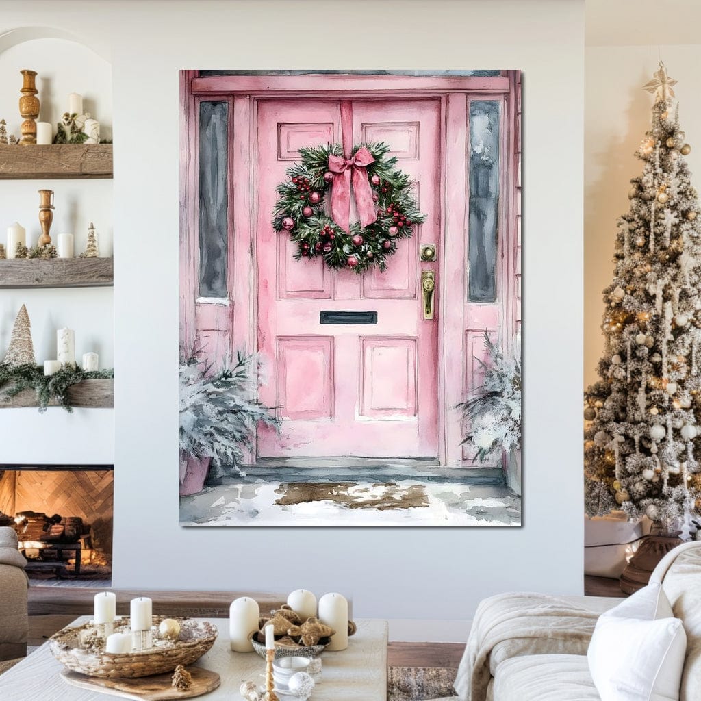 Winter Welcome Pink Door Canvas Wall Art