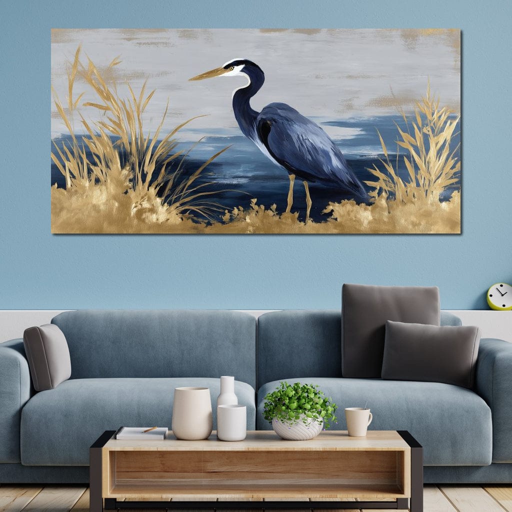 Coastal Heron Gold Reeds Canvas Wall Art