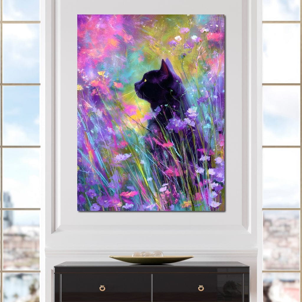 Midnight Feline Among Wildflowers Canvas Wall Art