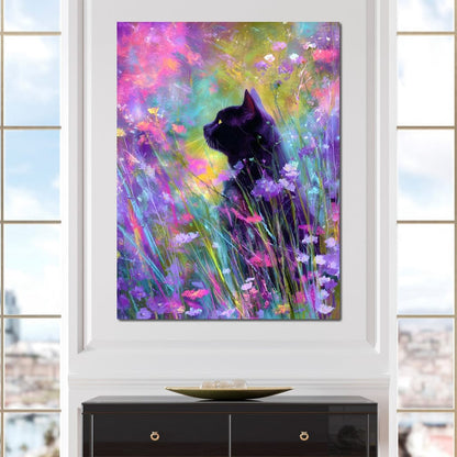 Midnight Feline Among Wildflowers Canvas Wall Art