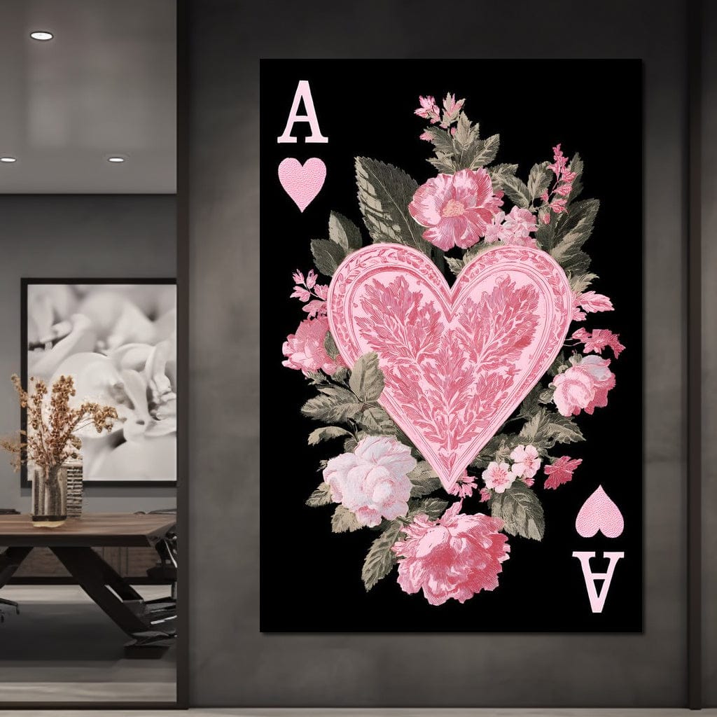 Floral Ace of Hearts Pink Rose Canvas Wall Art