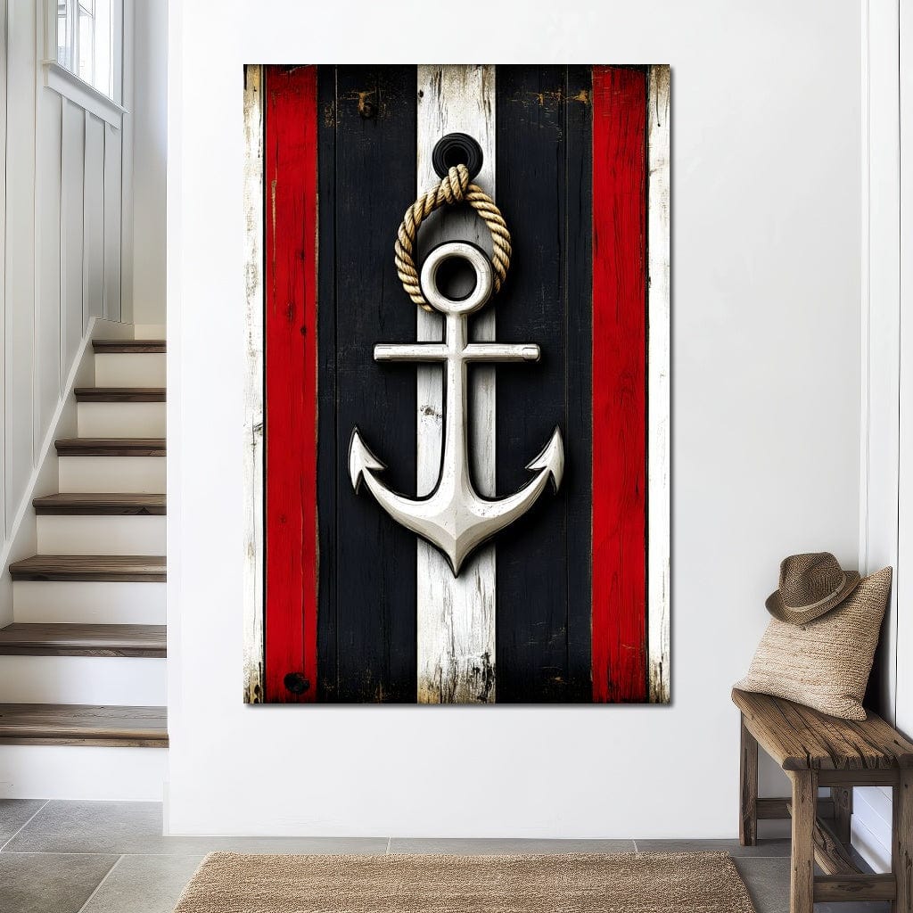 Nautical Anchor on Stripes Canvas Wall Art